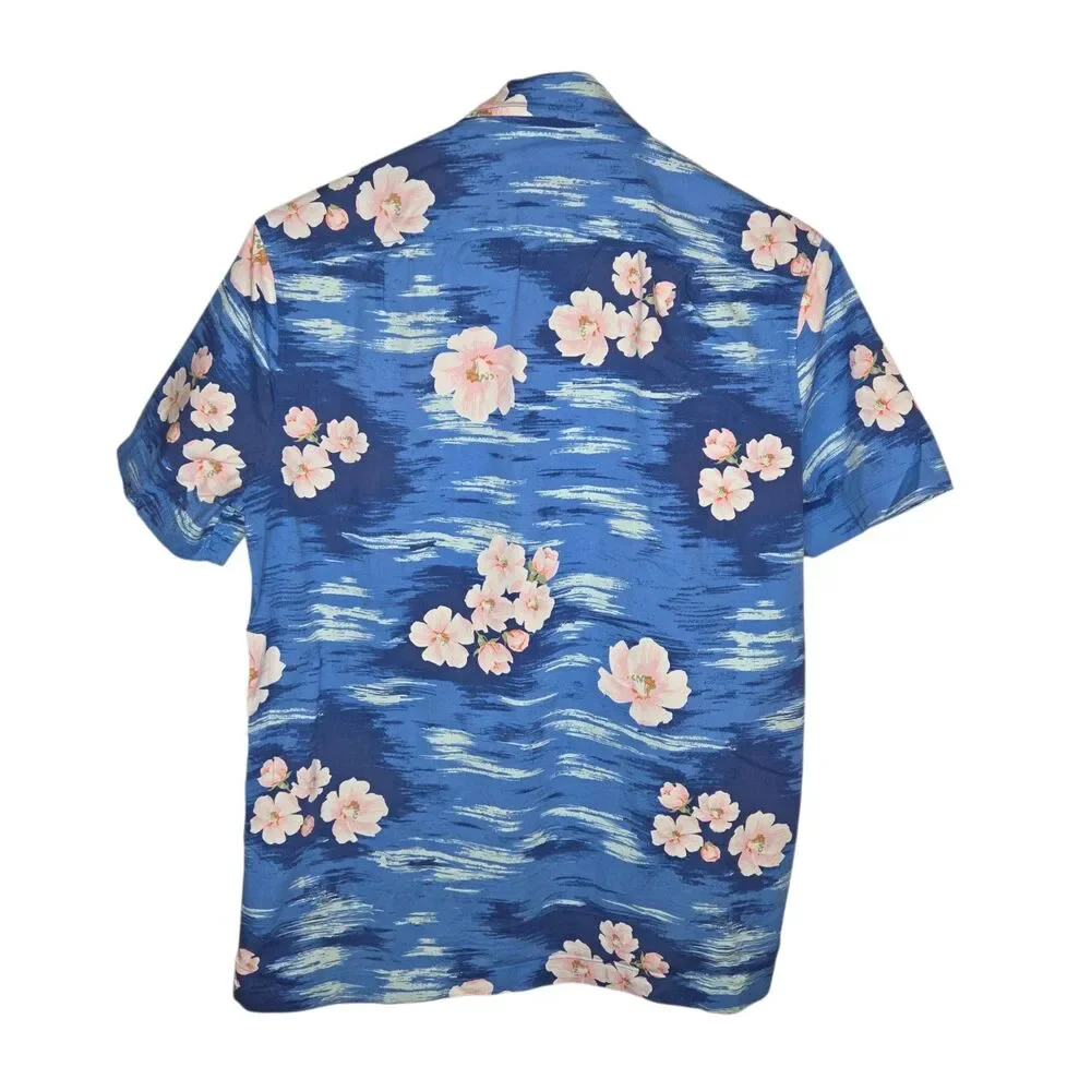 J. Crew Flex Blue Short Sleeve Button Down Shirt Sz XS Pink Floral Hawaiian